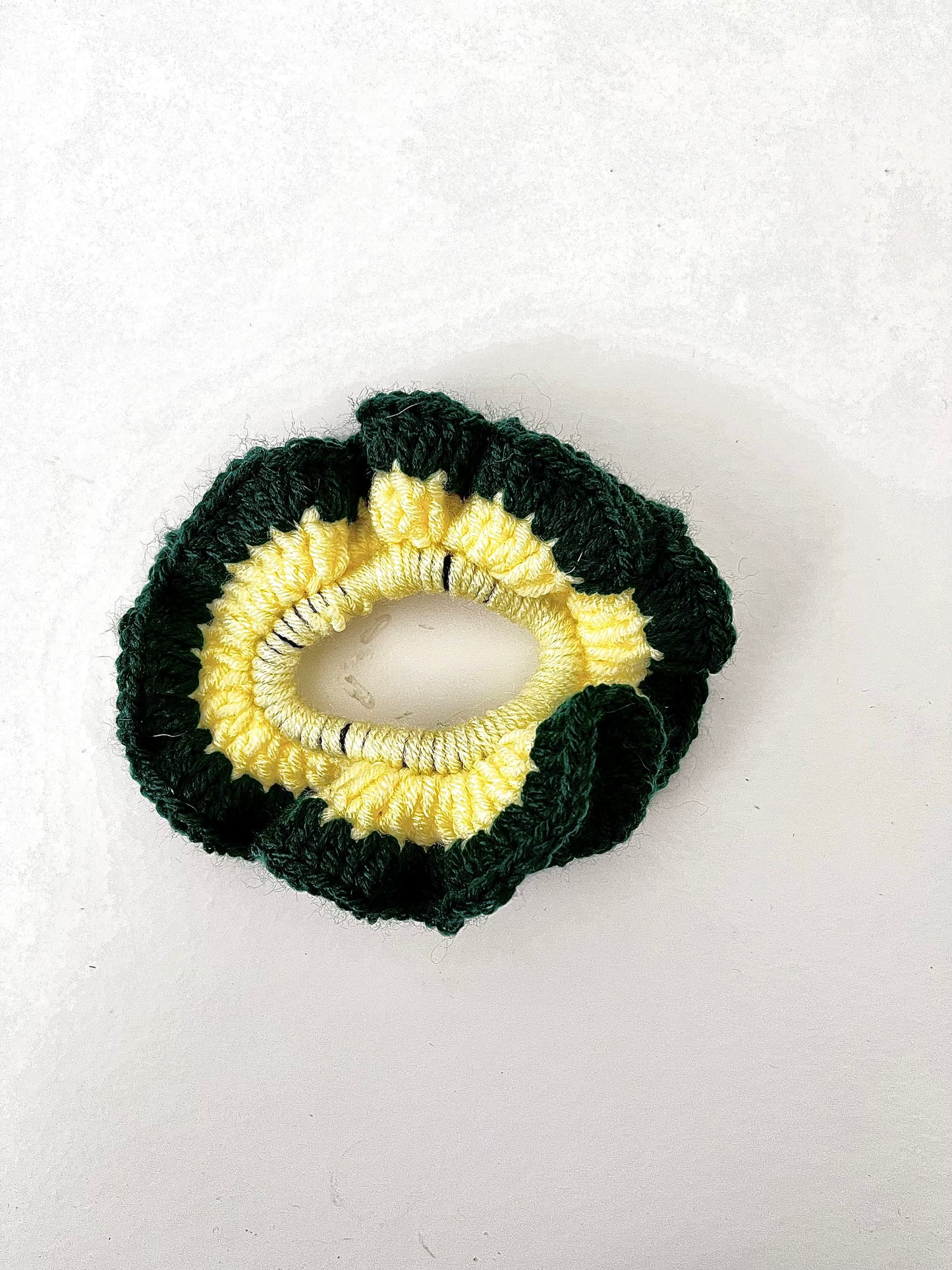Crochet light yellow and green scrunchie