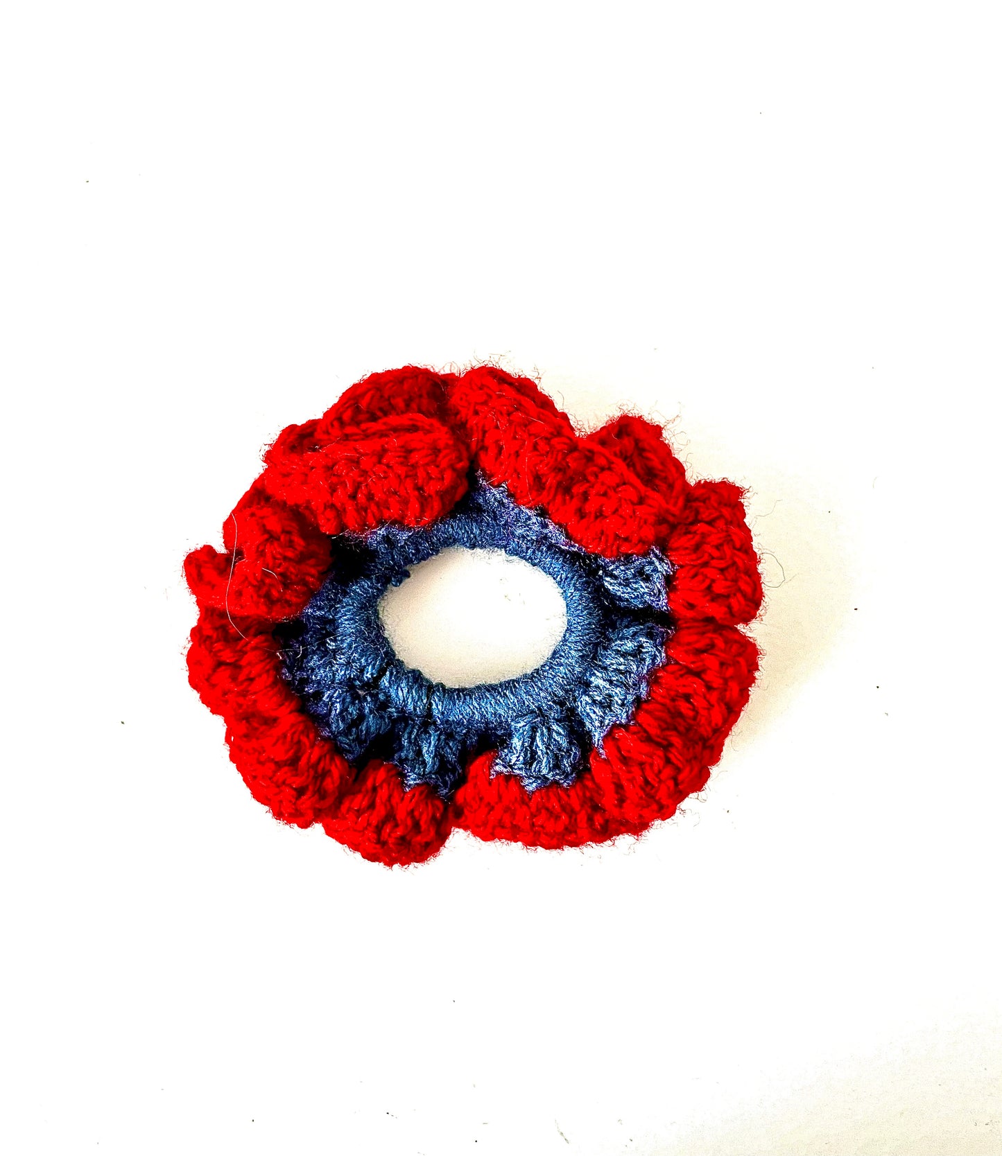 Crochet red and blue scrunchie