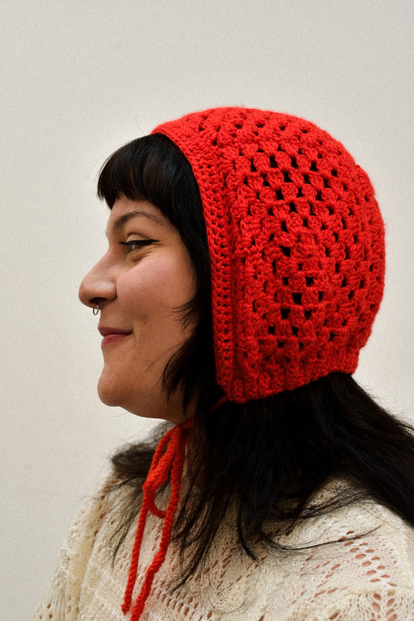 RED GRANNY SQUARE BONNET