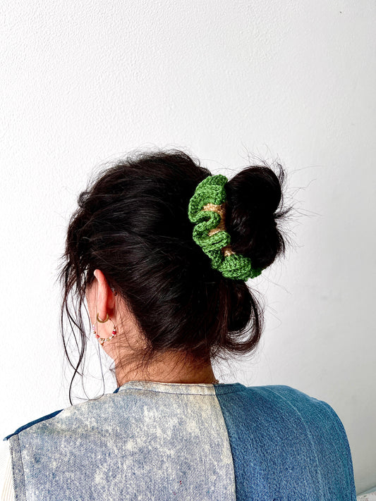 Crochet beige and green scrunchie