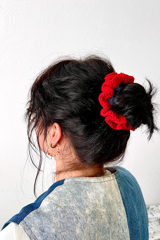 Crochet red and blue scrunchie